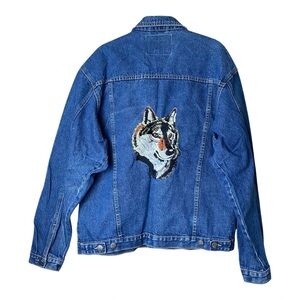 Elk Canyon Y2K Wolf Embroidered Denim Trucker Biker Jacket Mens L